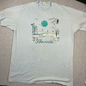 Vintage 1992 Florida Beach Graphic T-Shirt XL Light Blue Single Stitch USA Made
